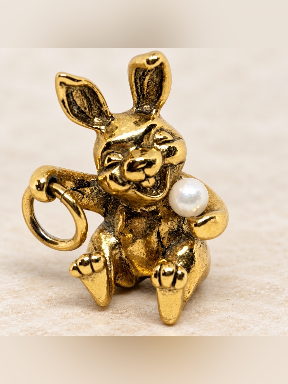 Vintage Franklin Mint Littlest Easter Bunny Rabbit Gold Pearl Pendant Charm 1983